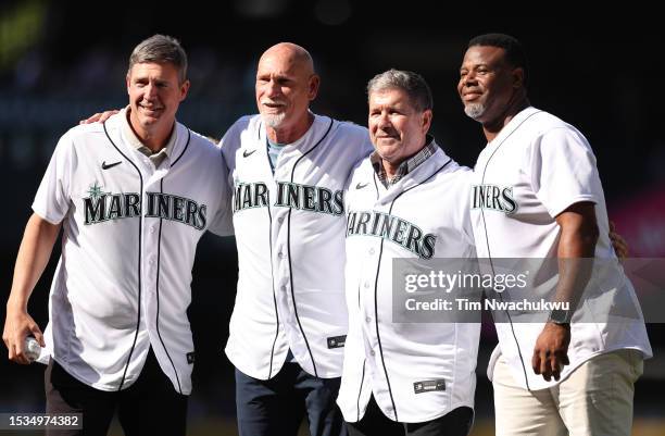 Former Major League Baseball players Dan Wilson, Jay Buhner, Edgar Martinez, and Ken Griffey Jr. Pose prior to the 93rd MLB All-Star Game presented...