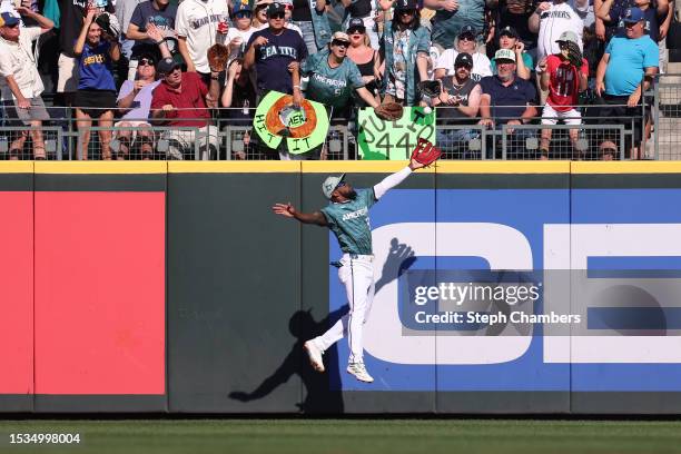 Adolis García of the Texas Rangers jumps to catch a ball during the first inning of the 93rd MLB All-Star Game presented by Mastercard at T-Mobile...