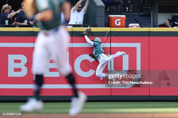 Randy Arozarena of the Tampa Bay Rays catches a ball against the wall during the first inning of the 93rd MLB All-Star Game presented by Mastercard...