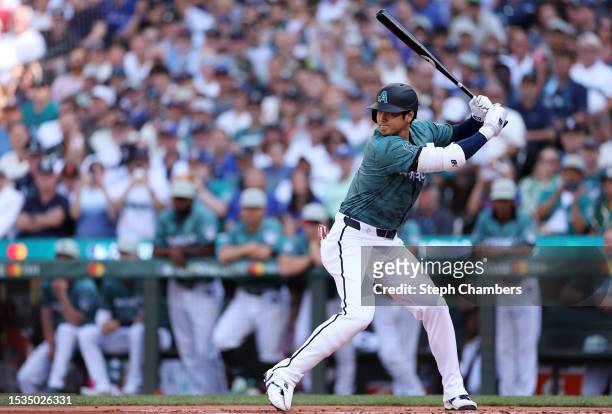 Shohei Ohtani of the Los Angeles Angels bats during the 93rd MLB All-Star Game presented by Mastercard at T-Mobile Park on July 11, 2023 in Seattle,...