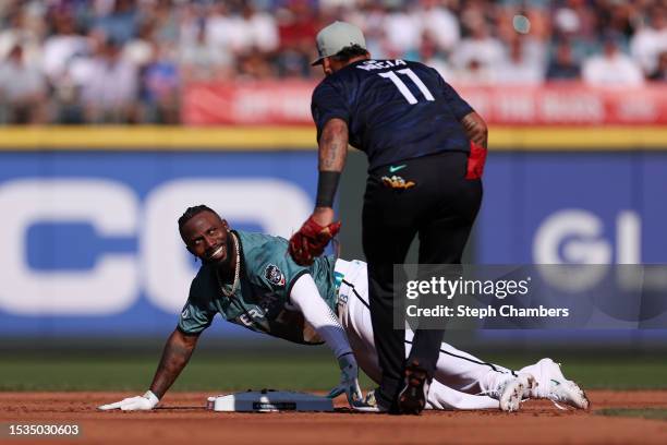 Randy Arozarena of the Tampa Bay Rays reacts after being tagged out by Orlando Arcia of the Atlanta Braves during the 93rd MLB All-Star Game...