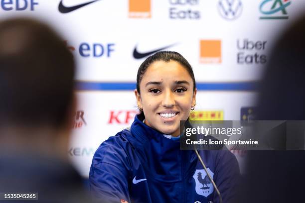 Sakina Karchaoui of France smiles during a press conference at France Training Session on February 16, 2023 in Sydney, Australia.