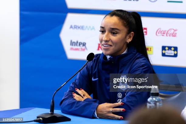 Sakina Karchaoui of France smiles during a press conference at France Training Session on February 16, 2023 in Sydney, Australia.