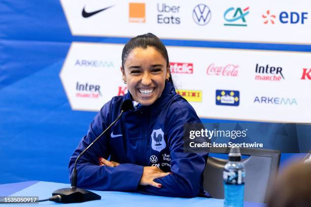 Sakina Karchaoui of France smiles during a press conference at France Training Session on February 16, 2023 in Sydney, Australia.