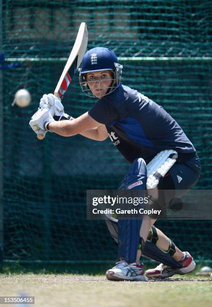 England womens captain Charlotte Edwards bats during a nets session at Colts Cricket Ground on October 6, 2012 in Colombo, Sri Lanka.