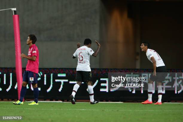 Fabio Henrique Simplicio of Vissel Kobe celebrates after scoring the team's first goal during the J.League J1 match between Cerezo Osaka and Vissel...