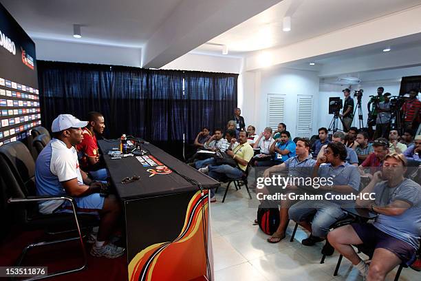 Captain Darren Sammy of West Indies at the pre match press conference for the ICC World T20 Final against Sri Lanka at R. Premadasa Stadium on...