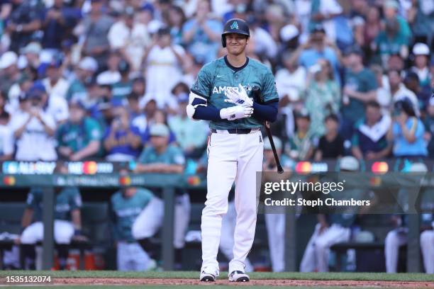 Shohei Ohtani of the Los Angeles Angels reacts during the 93rd MLB All-Star Game presented by Mastercard at T-Mobile Park on July 11, 2023 in...