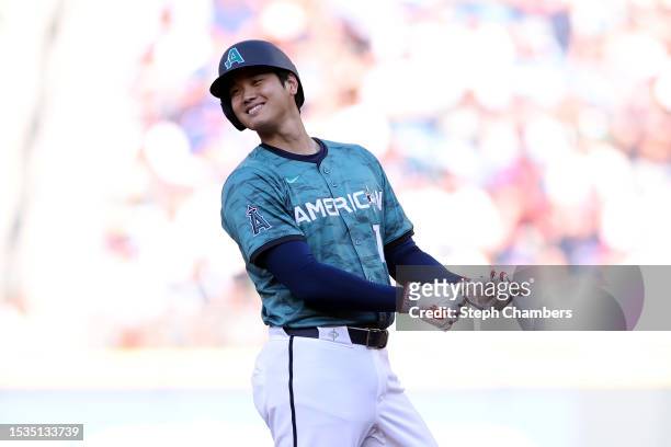 Shohei Ohtani of the Los Angeles Angels reacts during the 93rd MLB All-Star Game presented by Mastercard at T-Mobile Park on July 11, 2023 in...