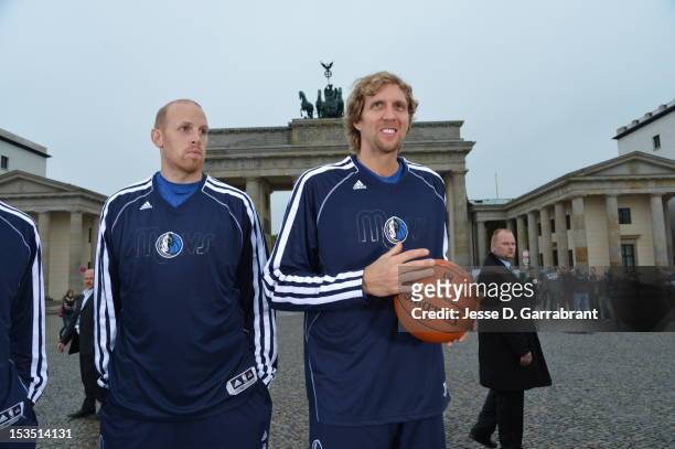 Dirk Nowitzki and Chris Kaman of the Dallas Mavericksposes for a photo in front of Brandenburg Gate during NBA Europe Live 2012 on October 6, 2012 in...