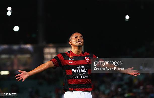 Shinji Ono of the Wanderers reacts during the round one A-League match between the Western Sydney Wanderers FC and the Central Coast Mariners at...