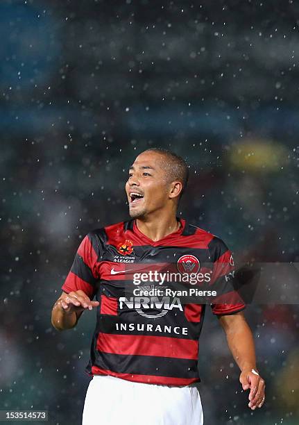 Shinji Ono of the Wanderers reacts during the round one A-League match between the Western Sydney Wanderers FC and the Central Coast Mariners at...