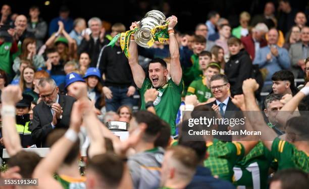 Dublin , Ireland - 15 July 2023; Meath captain Donal Keogan celerates with the cup after the Tailteann Cup Final match between Down and Meath at...