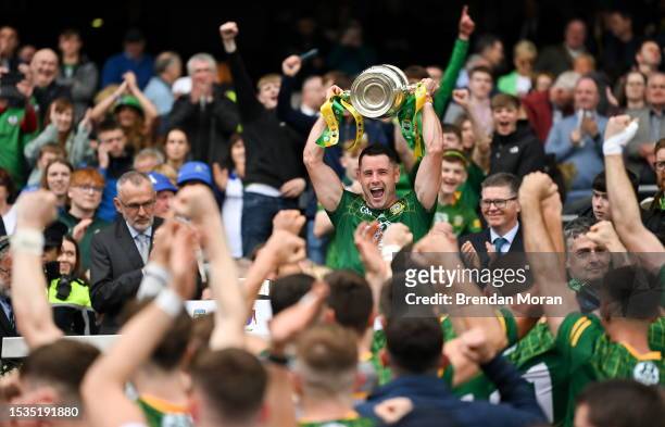 Dublin , Ireland - 15 July 2023; Meath captain Donal Keogan celerates with the cup after the Tailteann Cup Final match between Down and Meath at...
