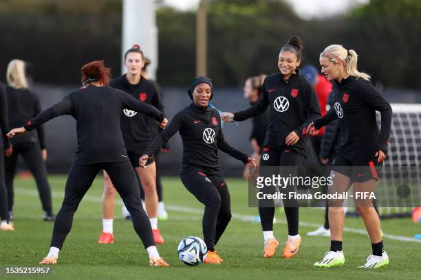 The USWNT plays during a training session ahead of the FIFA Women's World Cup football at Bay City Park, Browns Bay on July 12, 2023 in Auckland, New...