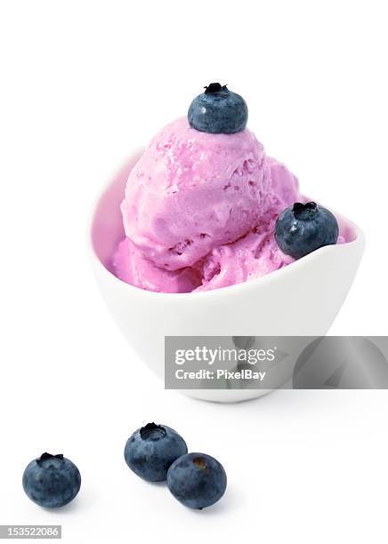 blueberry ice cream in a fancy white bowl - frozen yoghurt stock pictures, royalty-free photos & images