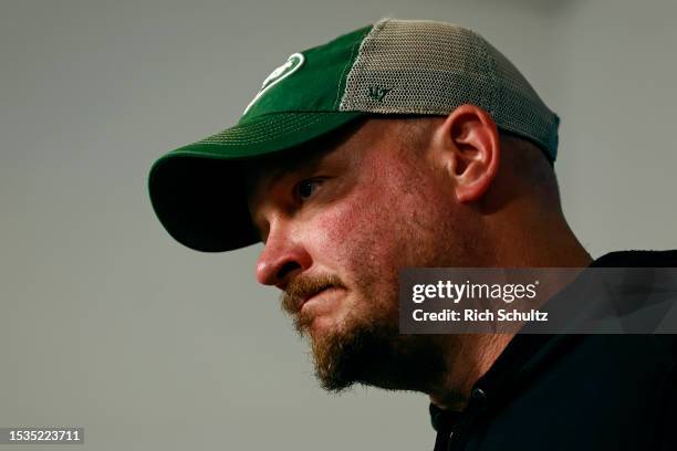 Offensive coordinator Nathaniel Hackett of the New York Jets talks to reporters after the teams OTAs at Atlantic Health Jets Training Center on June...