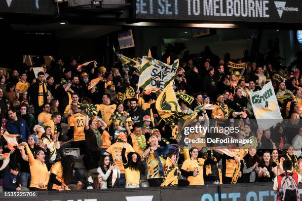 Supporters of Australia during the International Friendly match between the Australia Matildas and France at Marvel Stadium on July 14, 2023 in...