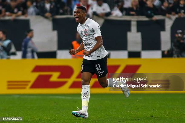 Felipe Augusto of Corinthians celebrates after scoring the team's first goal during the first leg of the round of 32 playoff match between...