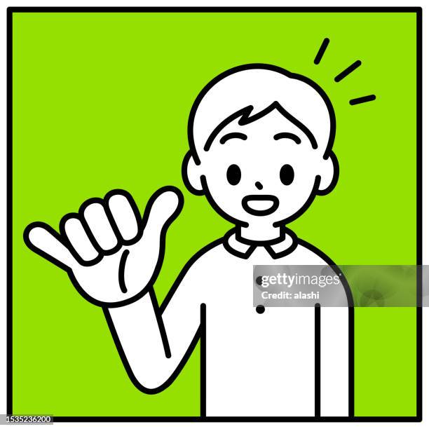 a boy is gesturing a shaka sign, call me hand sign, or for the number six, looking at the viewer, minimalist style, black and white outline - call me hand sign stock illustrations