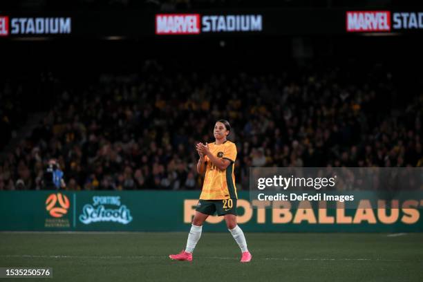 Sam Kerr of Australia gestures during the International Friendly match between the Australia Matildas and France at Marvel Stadium on July 14, 2023...