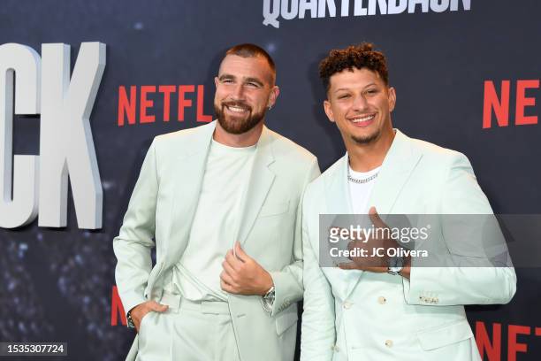 Travis Kelce and Patrick Mahomes attend the Los Angeles Premiere Of Netflix's "Quarterback" at TUDUM Theater on July 11, 2023 in Hollywood,...