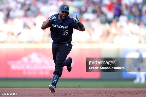 Elias Díaz of the Colorado Rockies celebrates after hitting a home run in the eight inning during the 93rd MLB All-Star Game presented by Mastercard...
