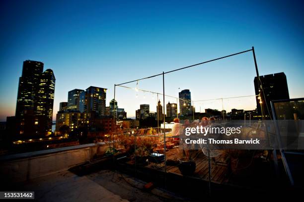 group of friends toasting on rooftop deck - rooftop bbq stock pictures, royalty-free photos & images