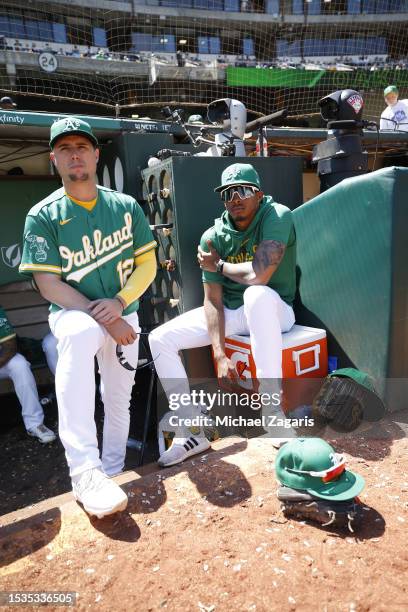 Aledmys Diaz and Luis Medina of the Oakland Athletics in the dugout during the game against the New York Yankees at RingCentral Coliseum on June 29,...