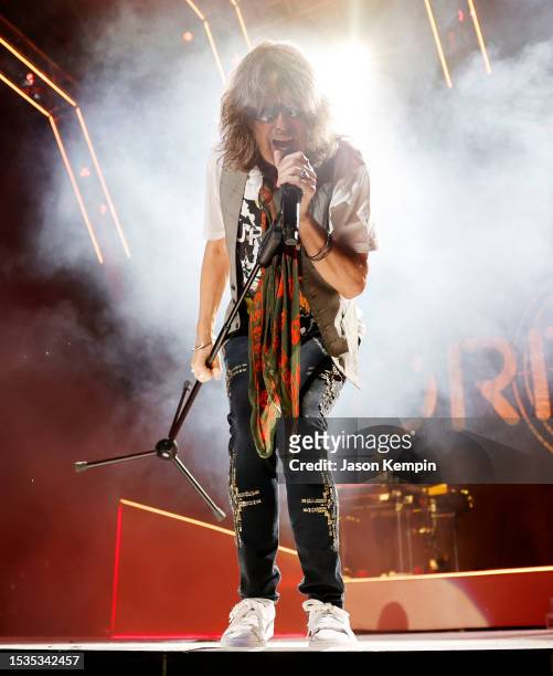 Lead singer Kelly Hansen of the band Foreigner performs at Ascend Amphitheater on July 11, 2023 in Nashville, Tennessee.