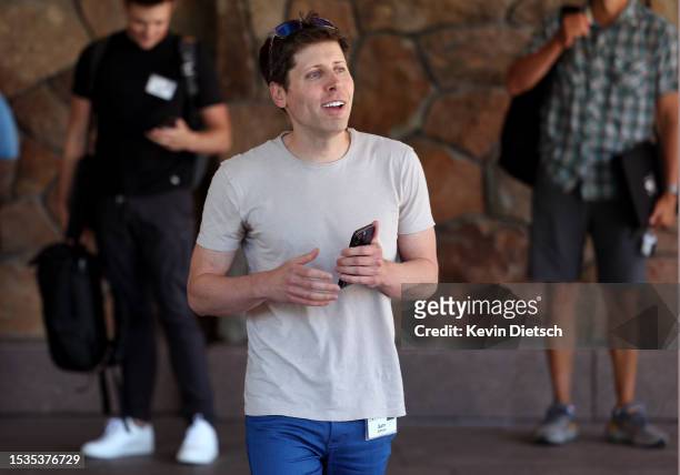 Sam Altman, CEO of OpenAI, arrives at the Sun Valley Lodge for the Allen & Company Sun Valley Conference on July 11, 2023 in Sun Valley, Idaho. Every...
