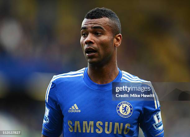 Ashley Cole of Chelsea looks on during the Barclays Premier League match between Chelsea and Norwich City at Stamford Bridge on October 6, 2012 in...