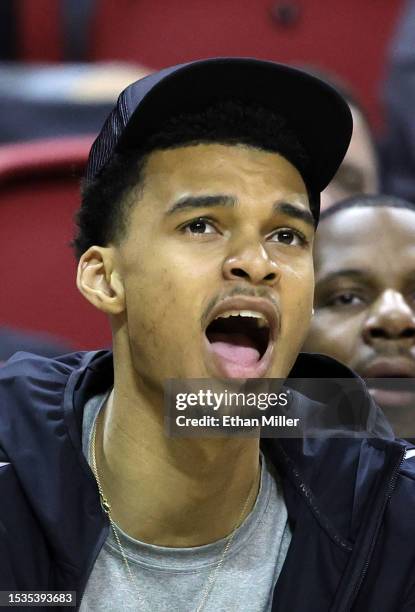 Victor Wembanyama of the San Antonio Spurs calls for a rebound from the bench in the first half of a 2023 NBA Summer League game against the...