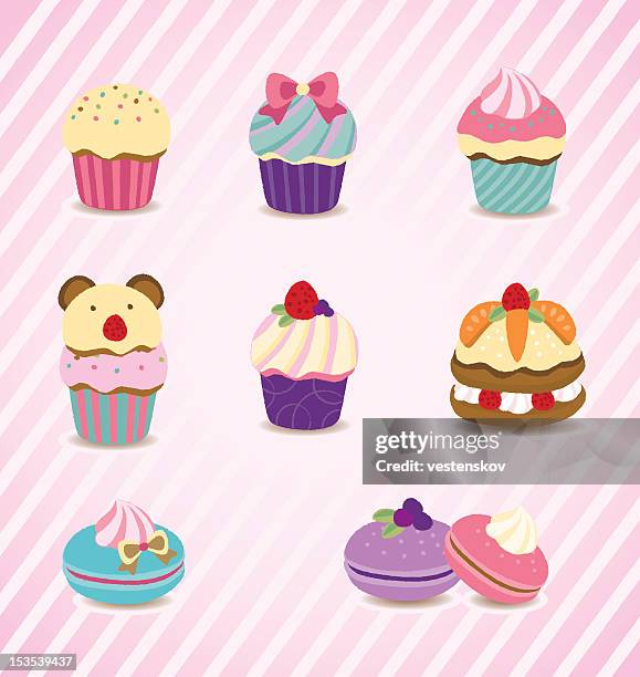 bunte desserts-cupcake, makronen, layer cake - macaroon stock-grafiken, -clipart, -cartoons und -symbole