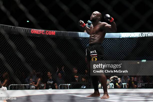 Melvin Manhoef of the Netherlands celebrates victory over Ryo Kawamura of Japan during the One Fighting Championship, at Singapore Indoor Stadium on...