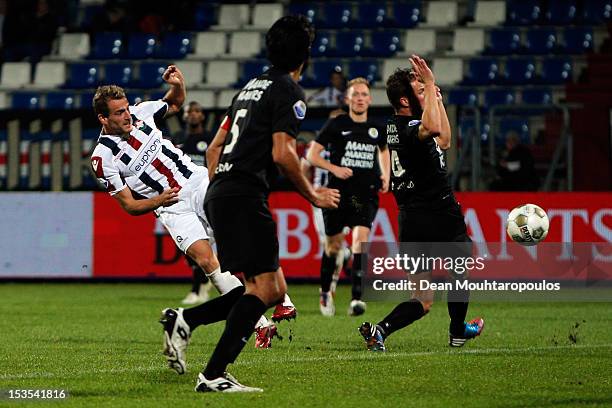 Aurelien Joachim of Willem II shoots and scores the first goal of the game during the Eredivisie match between Willem II Tilburg and RKC Waalwijk at...