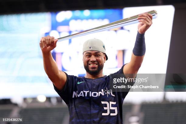 Elias Díaz of the Colorado Rockies poses after being named the Ted Williams All-Star Game MVP Award during the 93rd MLB All-Star Game presented by...
