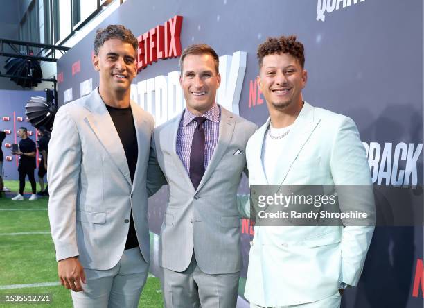 Marcus Mariota, Kirk Cousins, and Patrick Mahomes attend the Netflix Premiere of "Quarterback" at Netflix Tudum Theater on July 11, 2023 in Los...