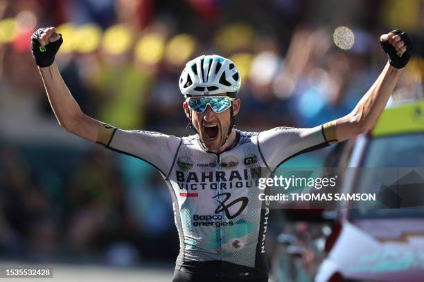 Bahrain - Victorious' Dutch rider Wout Poels cycles to the finish line to win the 15th stage of the 110th edition of the Tour de France cycling race,...