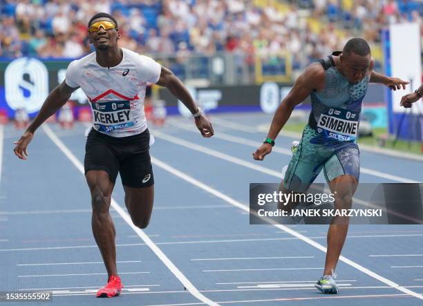 South Africa's Akani Simbine wins the men's 100M event ahead of USA's Fred Kerley at the Wanda Diamond League Silesia Kamila Skolimowska Memorial...