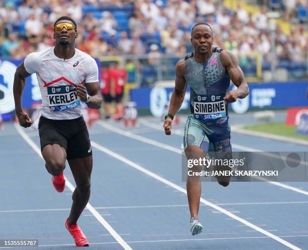 South Africa's Akani Simbine wins the men's 100M event ahead of USA's Fred Kerley at the Wanda Diamond League Silesia Kamila Skolimowska Memorial...