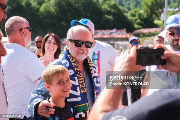 Napoli's Italian president Aurelio De Laurentiis meets the fans during the second day morning session of SSC Napoli's 2023-24 preseason training camp.