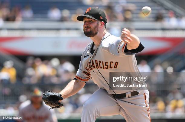 Alex Wood of the San Francisco Giants delivers in the first inning against the Pittsburgh Pirates at PNC Park on July 16, 2023 in Pittsburgh,...