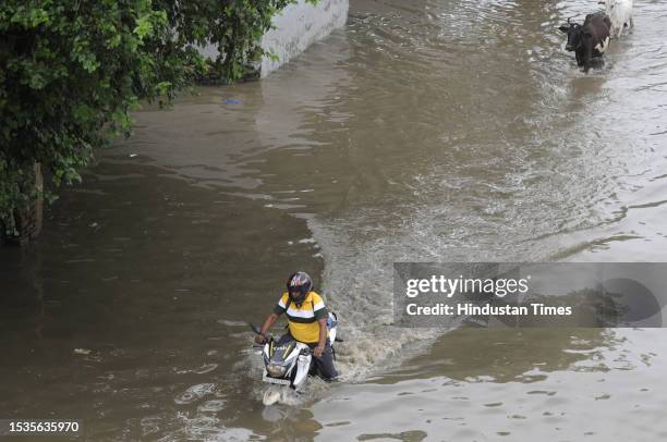 Vehicle drive through a waterlogged stretch after heavy rains at National Highway-48 near Narsinghpur village, on July 16, 2023 in Gurugram, India.