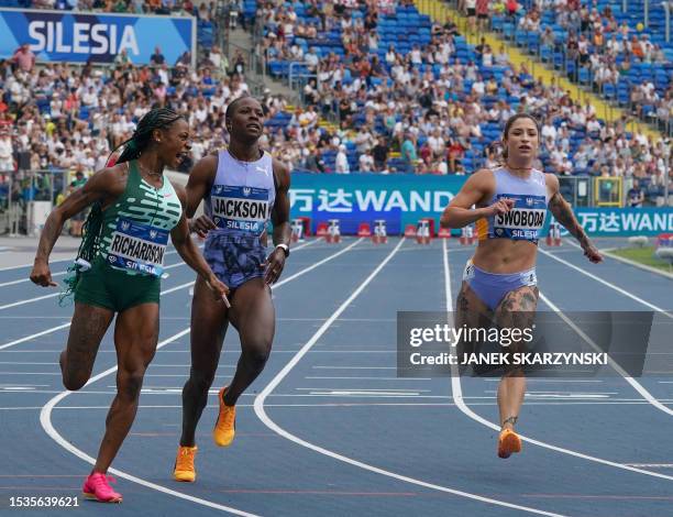 S Sha'Carri Richardson wins the women's 100M event ahead of Jamaica's Shericka Jackson amd Poland's Ewa Swoboda at the Wanda Diamond League Silesia...