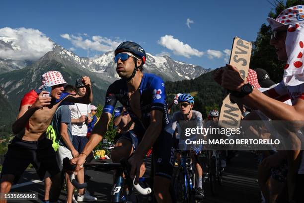 Groupama - FDJ's French rider Thibaut Pinot cycles in the final ascent of Saint-Gervais-les-Bains in the last kilometers of the 15th stage of the...