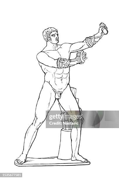 antique statue of a pugilist with the strongest fist armor - ancient olympia greece stock illustrations