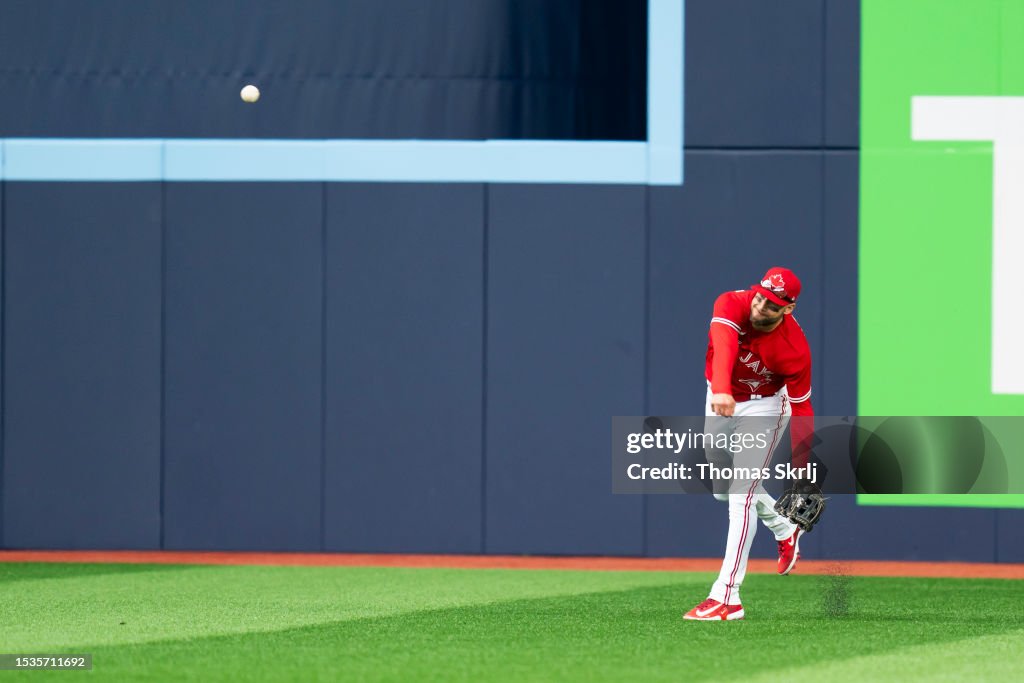 Kevin Kiermaier of the Toronto Blue Jays throws the ball during the Kevin Kiermaier of the Toronto Blue Jays throws the ball during the