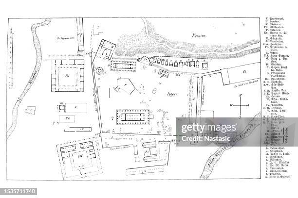 map of olympia. drawn by g. rehlender based on the results of the excavations undertaken by the german empire - ancient olympia greece stock illustrations