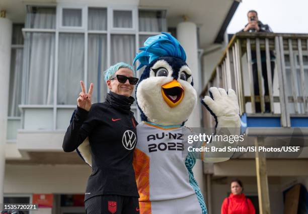 Megan Rapinoe of the United States poses with Tazuni, the official mascot of the FIFA Women's World Cup Australia & New Zealand 2023, during a USWNT...